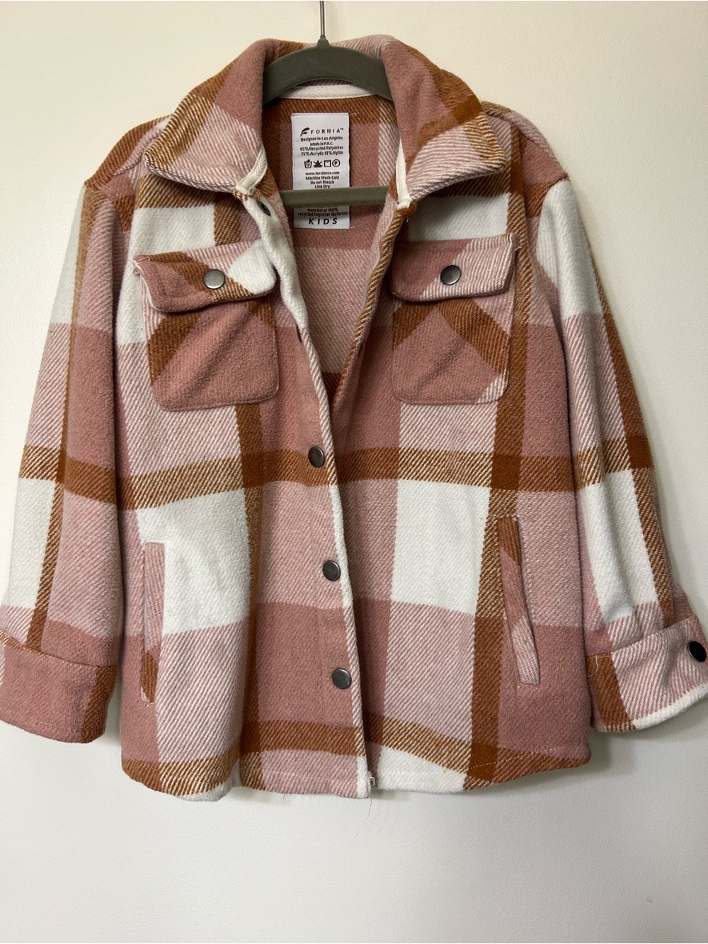 Kids Plaid Teddy Shacket Jacket - Pink & White by